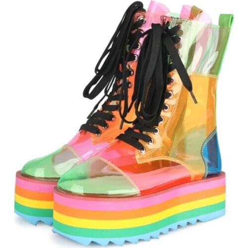 PXELENA Designer Rainbow Flat Platform Transparent Martin Boots Lace Up Thick Sole Punk Rock Gothic Shoes Fall Spring Ankle Boot