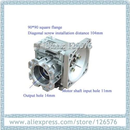 90 degree worm gearbox NMRV030 Input hole 11mm output 14mm for DC Motor, 90*90 square flange, disgonal screw distance 104mm