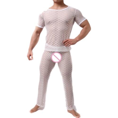 Sexy Men Undershirts Mesh See Through T Shirts Underwear Fishnet Long Johns Sleep Bottoms Pajama Pants Men Clothes Set Sleepwear