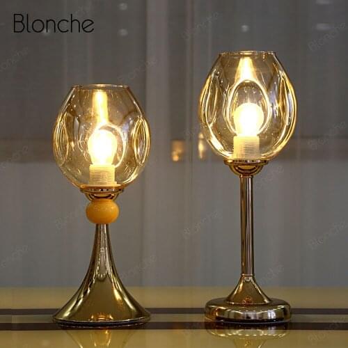 Nordic Glass Lampshade Table Lamp Modern Dimmable Gold Led Desk Light for Home Living Room Bedroom Bedside Lamp E27 Lamp Holder