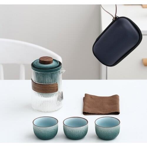 LUWU Glass and Ceramic Teapot with 3 Cups Green Portable Travel Tea Set Drinkware