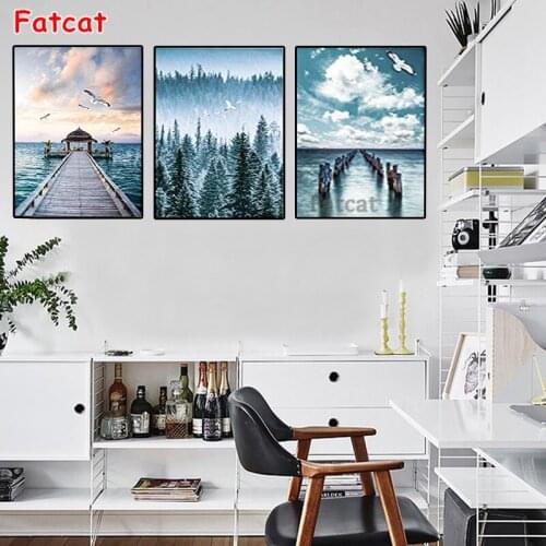 Triptych Diamond Painting Green Forest Beach Picture Boat,sea Bridge 3 Panel Full Square Round drill Rhinestones landscap PP2229