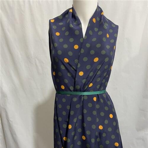 Polka dot print on deep blue background 100% pure silk crepe de chine fabric 16momme,SCDC1224
