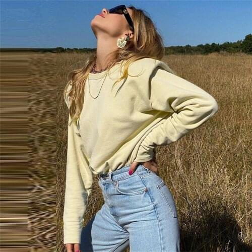 Women’s Shoulder Pad T-Shirt Casual Long Sleeve Crewneck Solid Color Loose Tops for Autumn Winter White/Purple/Blue/Brown/Green