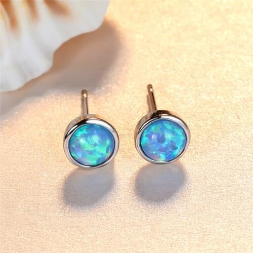 Female Cute Blue Fire Opal Round Stone Stud Earrings For Women Minimalist Jewelry Vintage Fashion Silver Color Wedding Earrings