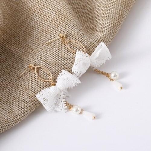 Personality Fashion Sweet Girl Heart Lace Bow Earrings Pearl Tassel Pendant Earrings Female Accessories Wild Crystal Simple