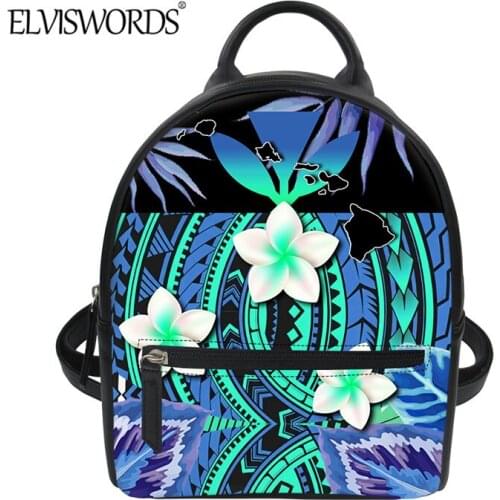 ELVISWORDS Women Sky Blue Mini Backpack 2021 Fashion Hawaii Polynesian Tribal Print PU Shoulder Bag Female Stylish Travel Pack