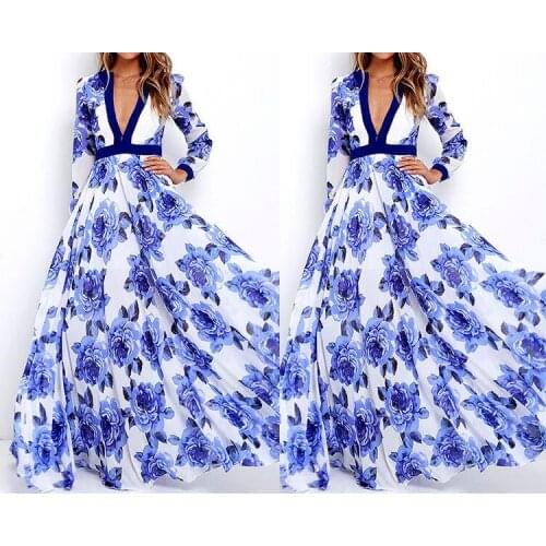 2021, womens leisure V collar dress, ladies Strapless long sleeved floral print retro print dress, suitable for adults