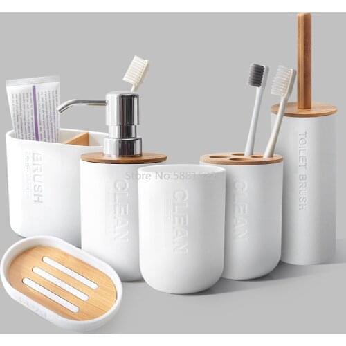 6Pcs Bamboo Bathroom Set Toilet Brush Holder Toothbrush Glass Cup Soap Dispenser Soap Dish Bathroom Accessories