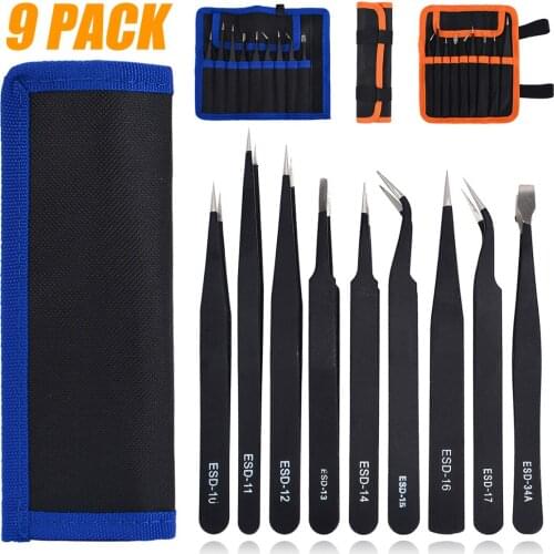 9pcs/set Anti-static Precision Tweezers Stainless Steel Tweezers Electronics Repair Tools for Jewelry Leather Working Hand Tool