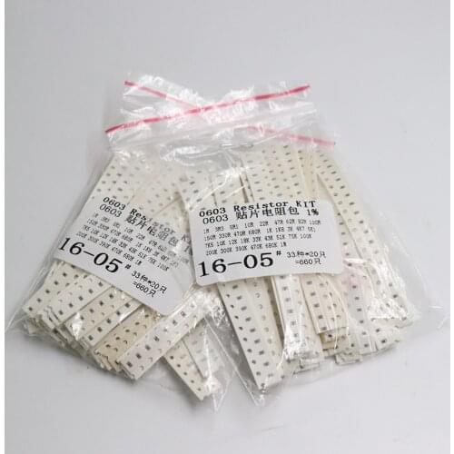 Free shipping 0603 SMD Resistor Kit Assorted Kit 1ohm-1M ohm 1% 33valuesX 20pcs=660pcs Sample Kit