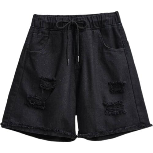 Elastic Wasit Black Hole Denim Plus Size 5Xl Large Fashion Basic High Waist Summer WomenS Casual Cycling Clothing Shorts 2021