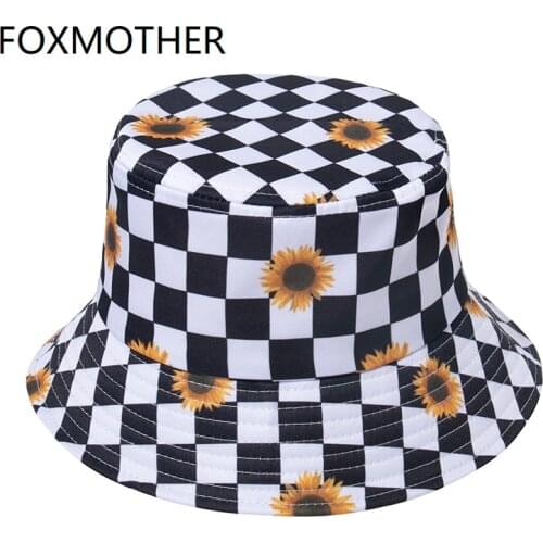 FOXMOTHER New Fashion Panama Gorras Black White Floral Check Plaid Fisherman Fishing Caps Bucket Hats Men Women Summer