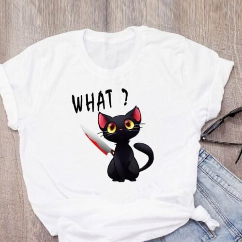 Novelty Cat Animal T-Shirts 90s Hipster Tee Shirts Funny Streetwear What Murderous Black Cat With Knife Halloween T Shirt Women