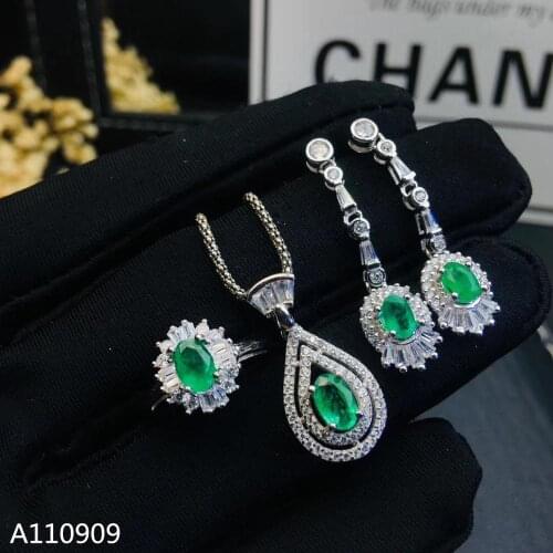 KJJEAXCMY boutique jewelry 925 sterling silver inlaid Natural Emerald Ring Earring Necklace Set Support Test