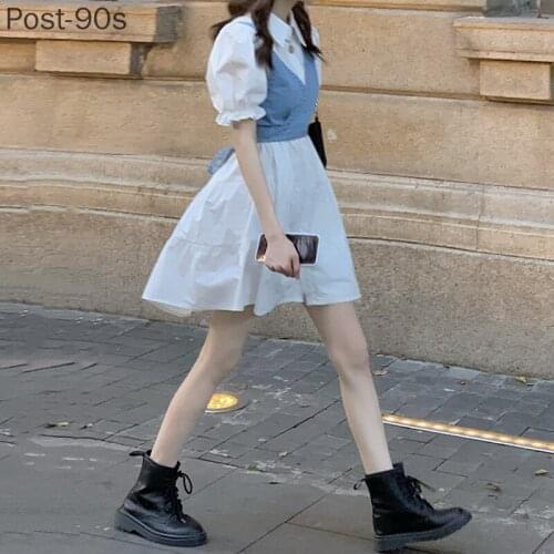 2 Piece Set Women Summer High Waist Dress 2021 Denim Camisole + Mini Dress Elegant Puff Sleeve A-line Dress Vintage Slim Dresses