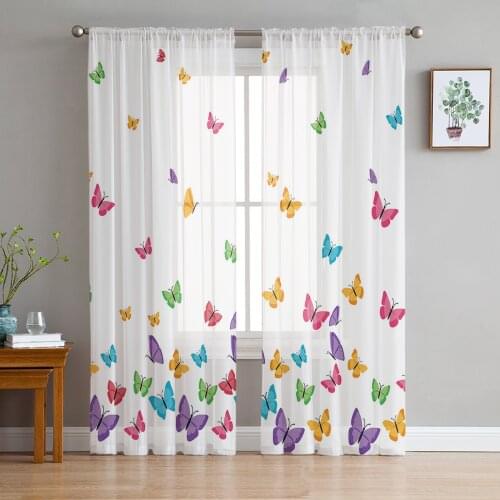 Colorful Butterfly White Curtain Window Tulle For Living Room Bedroom Kitchen Chiffon Sheer Window Treatment Decorations