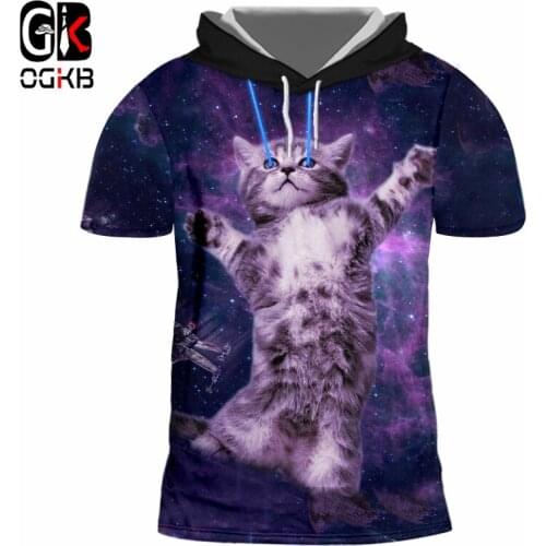 OGKB Summer Tops Mens Hooded Tshirt Print Galaxy Space 3D Cap Tshirt Cat King Short Sleeve Hoodie Fit Slim Workout Undershirts
