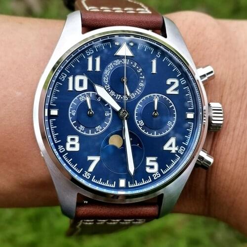 Top Brand Sports Chronograph Watch Men 1963 Vintage Pilot Mens Mechanical Watch 43mm Air Force Moon Phase Wristwatches Military