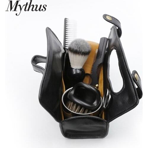 Mythus Luxury Moustache Styling Care Travel Kit 7PC Mens Grooming Beard Tools Set With Portable PU Leather Shaving Toiletry Bag