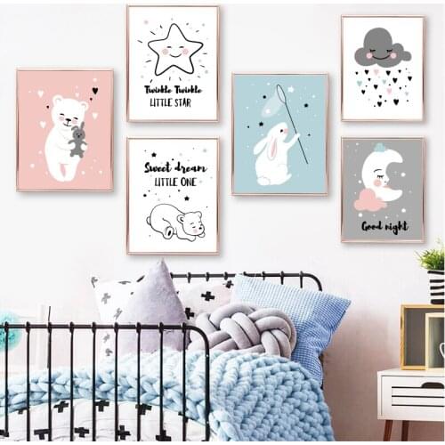 Cute Characters Baby Room Wall Art Canvas Painting Nordic Posters and Prints Little Bear & Moon Stars Pictures Nursery Decor