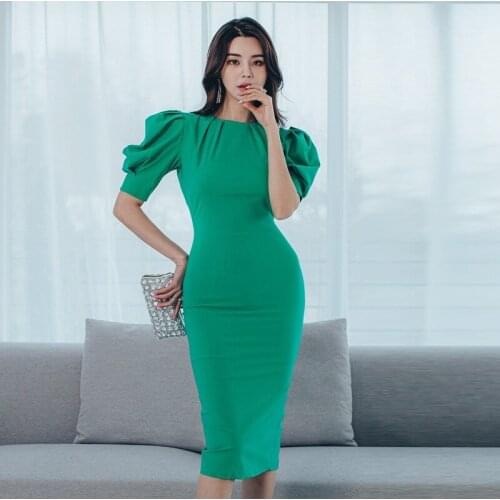 New Arrive Spring Sexy O-neck Puff Sleeve Pencil Dress Women Solid Green Dresses OL Special Ocasion Elegant Office Lady Vestidos