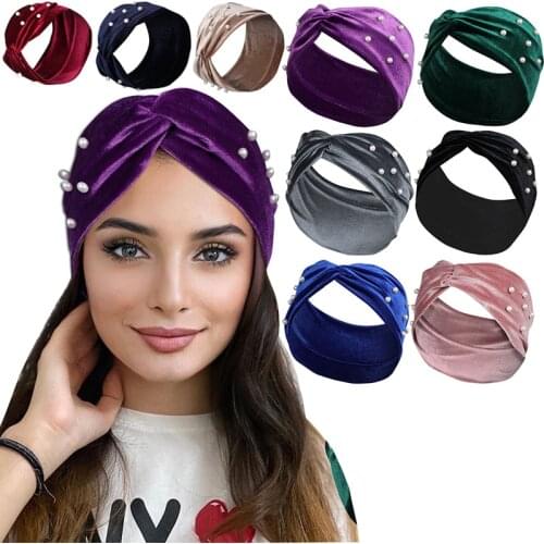 Fine Solid color Golden velvet Pearls Scrunchies Soft Elastic Pearl Headbands for Women Headwear Girls Hairband Hair Accessories