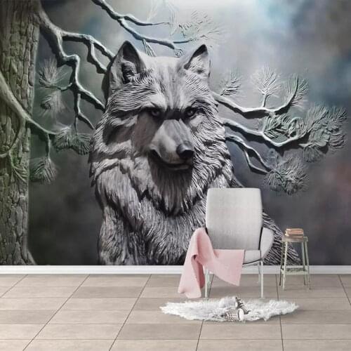 Custom Mural European Style 3D Stereoscopic Embossed Forest Wolf Non-woven Wallpaper For Living Room Restaurant Bedroom Decor