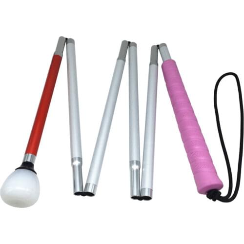Pink Handle,6-Section Folding Blind Cane,Aluminum White Cane, Reflective Red, 120cm-155cm