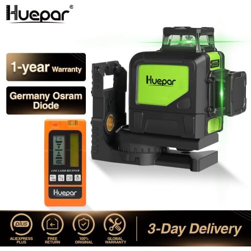 Huepar Self-leveling Professional Green Beam Cross Line Laser 360-Degree Line with Pulse Modes+Huepar Digital LCD Laser Receiver