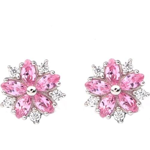 925 Silver Stud Earrings Women Jewelry Sakura Flower with Piercing Pink Cubic Zirconia CZ Cute Ear Decoration E130PC