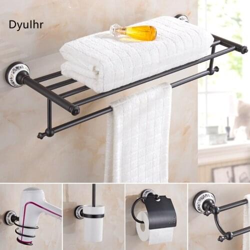 Blue And White China Style Black Brass Toilet Brush Bathroom Luxury Residential Round Towel Ring Bathroom Hardware Kit DyuIhr