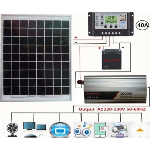 18V 20W Solar Panel Power System + 12V / 24V Controller + 1000W Inverter AC230V 16FA