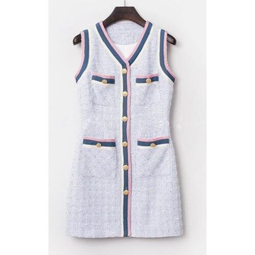 High qulity womens elegant dress 2019 autumn sleeveless tweed dress A607