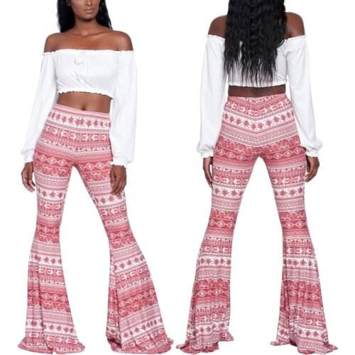 Women Flared Trousers, Ethnic Style Printing Middle Waist Ankle-Length Bell-Bottomed Pants for Girls, 8 Colors