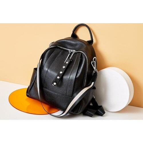 Womens Retro Backpacks Cowhide Travel Zipper Shoulder Bag Large Capacity Casual Fashion Black Bags