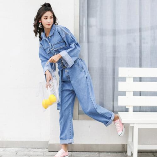 Women Denim Jumpsuit Romper Long Sleeve Women Loose Lapel Single-breasted Jeans Jumpsuit Ladies Denim Pants Wide Leg Overalls