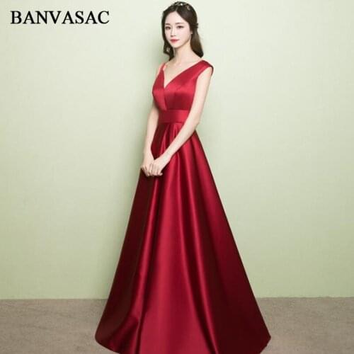BANVASAC 2018 V Neck Wine Red Satin Long A Line Evening Dresses Elegant Sleeveless Sash Open Back Party Prom Gowns