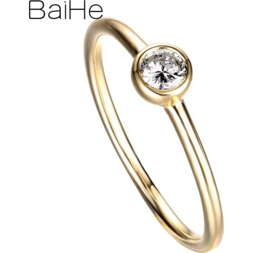 BAIHE Solid 14K Yellow Gold 0.08CT Chic Rings For Lady Sparkling Diamond Wedding Anniversary Simple Style Eternal Fine Jewelry