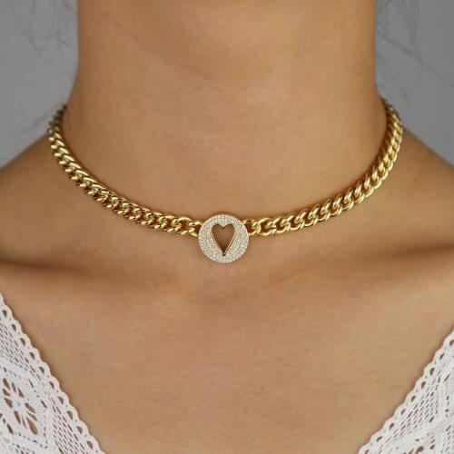 Gold filled hip hop rock necklace valentines gift round heart cubic zirconia cz wide curb cuban chain wide choker women necklace