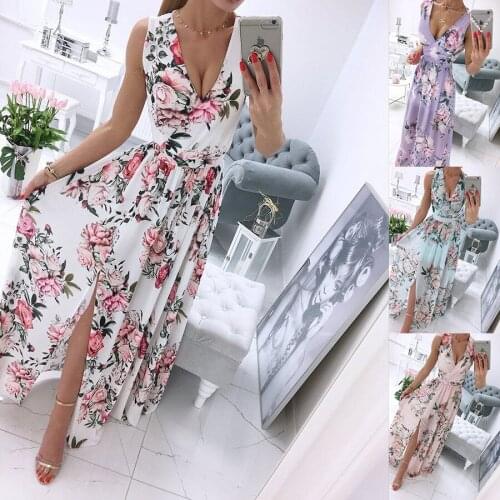 2021 New Summer Chiffon Print Mid-Waist Long Skirt Sleeveless V-Neck Dress Slit Party Dress Skirt