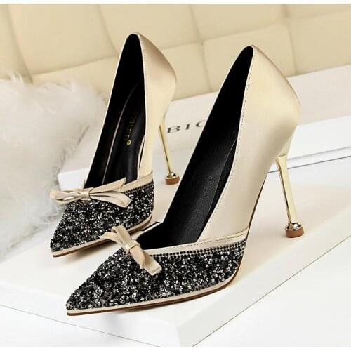 2019 New Pointe Fashion Bling Metal Heel Women Pumps Silk Shallow Korean Womens Sweet Small Bowknot High Heels Shoes 10CM Woman