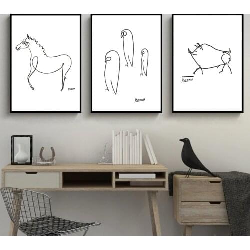 Abstract Black And White Line Drawing Animals Pig Horse Penguin Sketches Poster Canvas Painting Wall Picture Home Room Decoratio