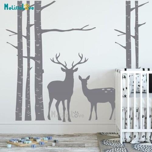 Birch Trees Forest with Deers Baby Room Decor Custom ColorWoodlands Nursery Theme Family Removable Vinyl Wall Stickers BD595