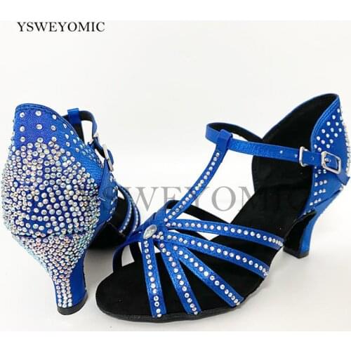 Shiny Rhinestones Latin Shoes Blue Satin Low Heel 6cm 7cm 8cm Customized Salsa Ballroom Latin Dance Shoes Leather Sole Indoor