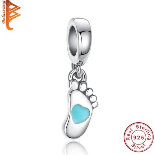 BELAWANG Lovely 100% 925 Sterling Silver Bead Blue Enamel Baby Footprint Charms Fit Bracelet & Necklace DIY Jewelry Accessories