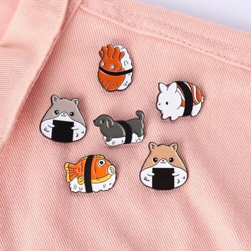 Cartoon Animals Cute Cats Puppy Enamel Brooch Fun Food Sushi Salmon Alloy Pins Badges Punk Accessories Woman Jewelry Gifts
