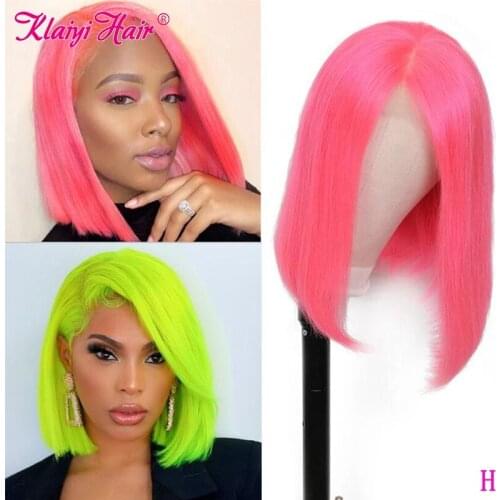 Klaiyi Straight Bob Wig Remy Human Hair 8-14 inch Pink/Green/Yellow Lace Frontal Bob Wig Pre Plucked 13x4 Lace Front Wig 150