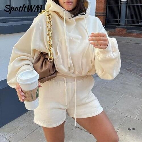 SpotltWM Women Hoodie Two Pieces Set Long Sleeve O-Neck Pullover Sweatshirt And Drawstring Shorts Tracksuit Fashion Ladies Suits
