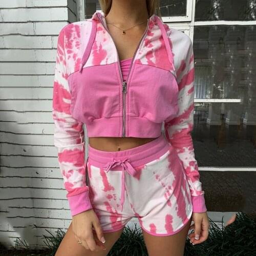 Autumn Women Tie Dyed Tracksuits Two Piecse Running Sets Long Sleeve Cropped Hooded Coats Lace-up Shorts Female Workout Sets